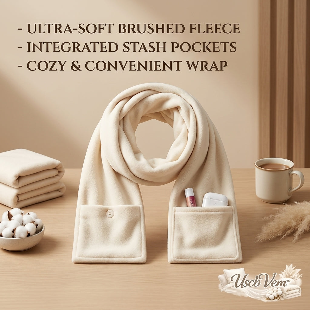 UscbVem™ Ultra-Soft Brushed Fleece Scarf with Pockets | Cozy & Convenient Winter Wrap Neck Warmer with Integrated Stash Pockets for Phone, Earbuds, Lip Balm | Aesthetic Warm Gift for Women & Men